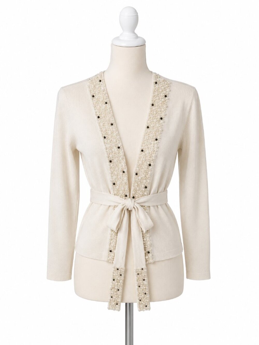 Women's Y2K Evelyn Ivory Silk Blend Beaded Tie Waist Cardigan Sweater Size M